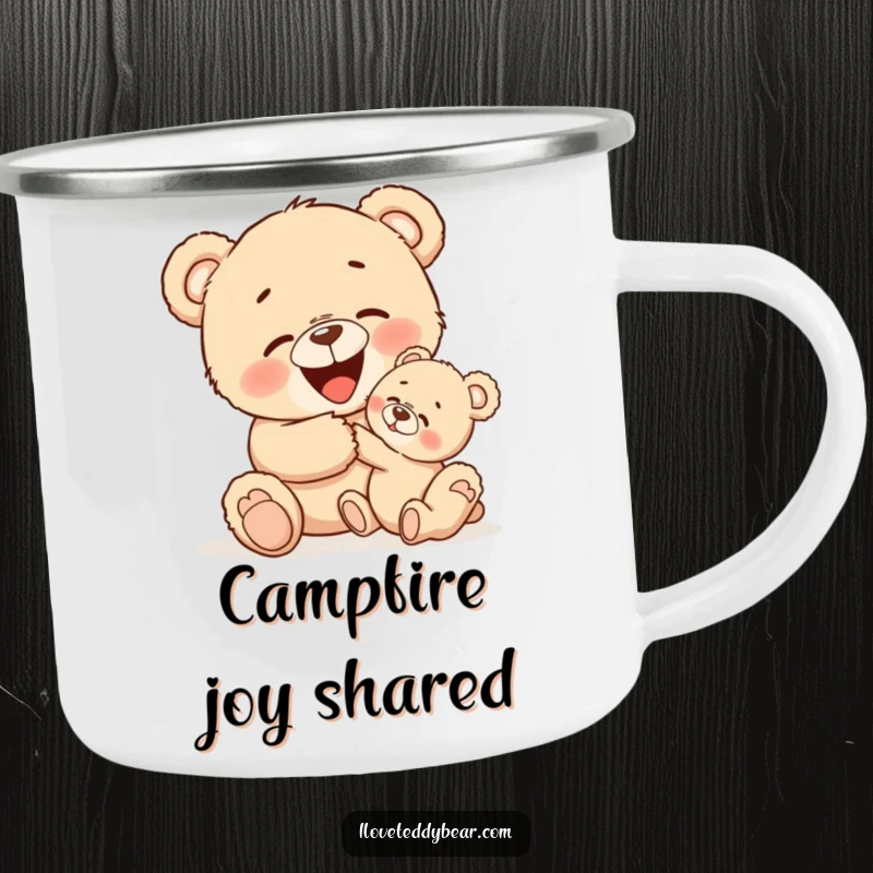 Funny camping mug with two teddy bears sharing a tickle, perfect for enjoying warm drinks and spreading smiles during outdoor activities.