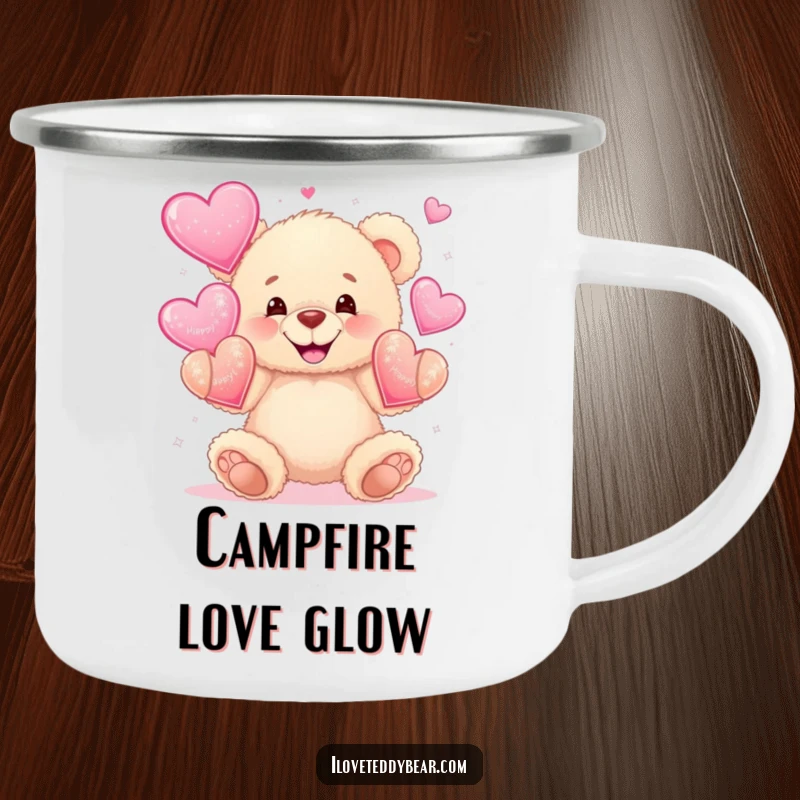Funny camping mug with a fluffy teddy bear wide grinning while juggling sparkly hearts, perfect for outdoor enjoyment and loving cheer.