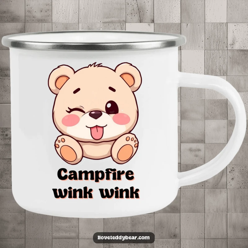 Funny Teddy Bear Winking Camping Mug: Teddy bear playfully winks with tongue out, perfect for cheeky outdoor moments.