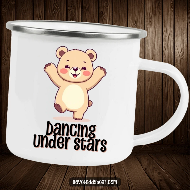 Funny camping mug illustrating a bear dancing joyfully with its paws in the air, ready for outdoor adventures.