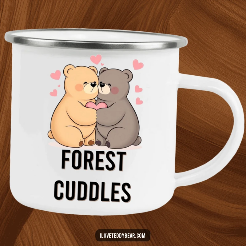 Funny, durable camping mug featuring two bears hugging tightly, with hearts floating, perfect for sharing warmth outdoors.
