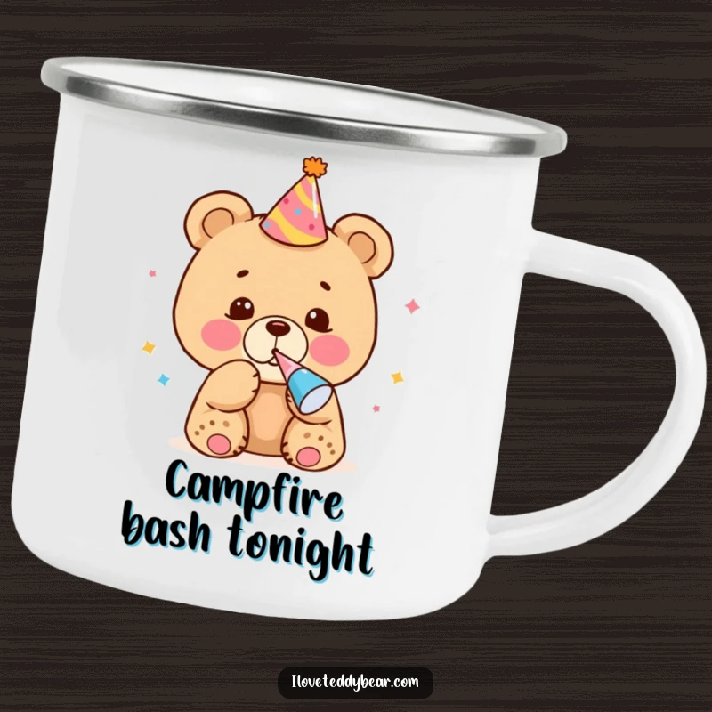 Funny Camping Mug showing a bear cub in a party hat and noisemaker, perfect for festive outdoor adventures with humor.