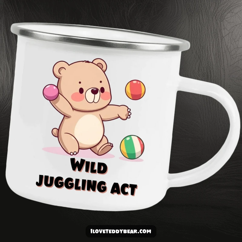 Funny camping mug showing a bear juggling three balls, one falling, perfect for outdoor laughs.