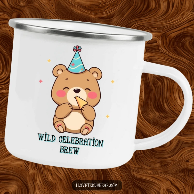 Funny camping mug with a bear in a party hat blowing a noisemaker with glee, perfect for outdoor festivities.