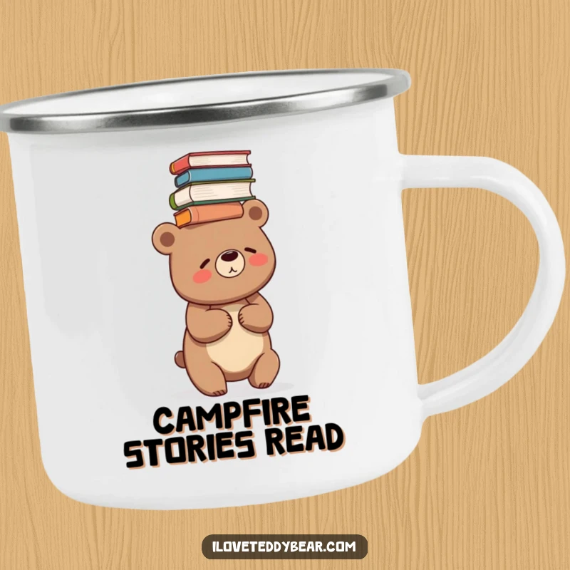 Funny, durable camping mug with a bear giggling while balancing a stack of books on its head.