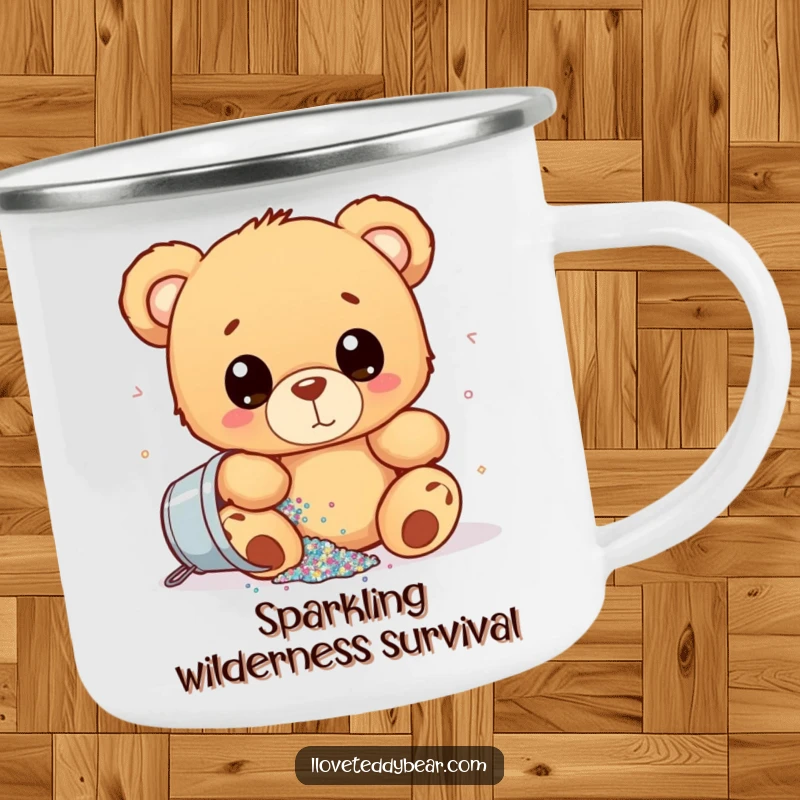 Funny camping mug featuring a teddy bear with wide eyes, spilling a bucket of glitter, perfect for enjoying drinks outdoors with a humorous sparkle.