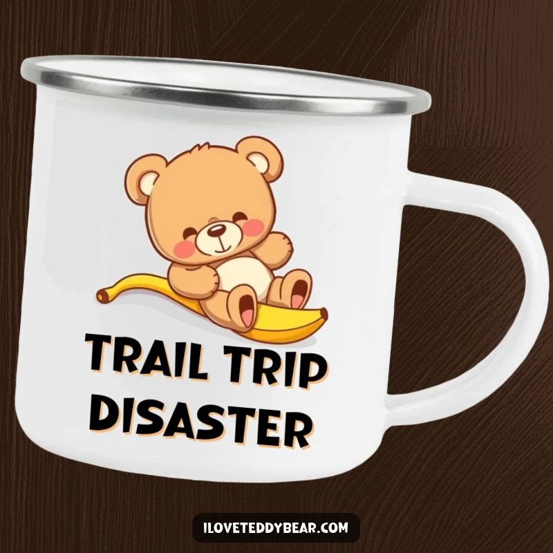 Funny teddy bear camping mug showing a bear slipping on a banana peel, ready for outdoor adventures and laughs.