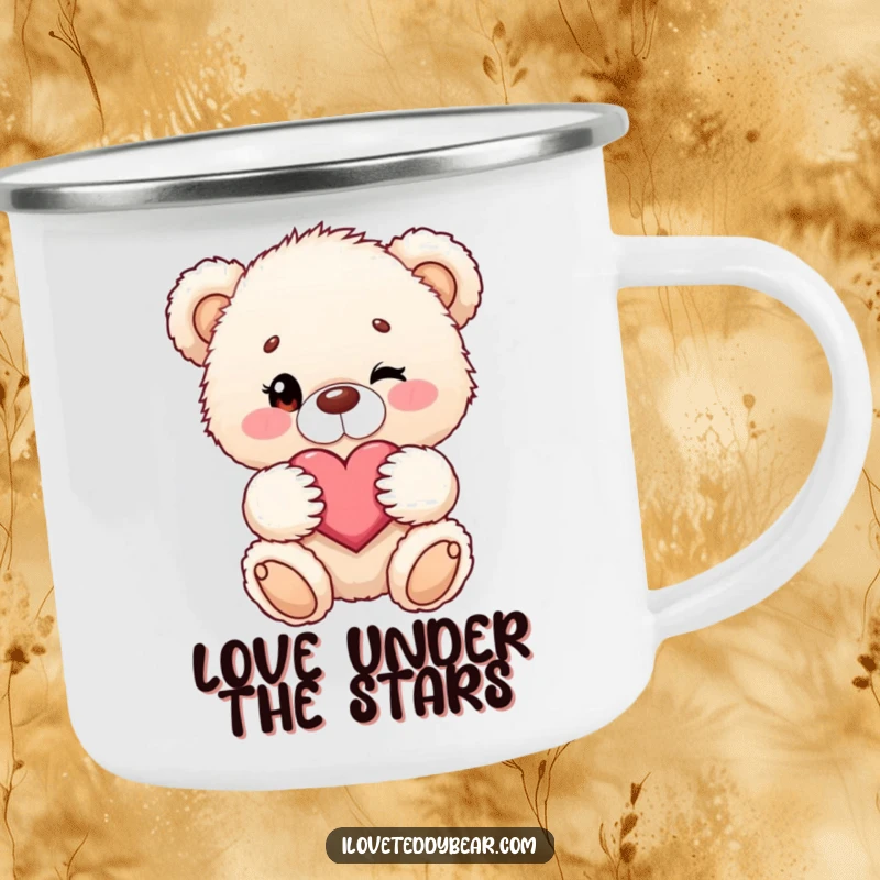 Funny camping mug with a fluffy teddy bear winking and holding a heart, for outdoor enjoyment.