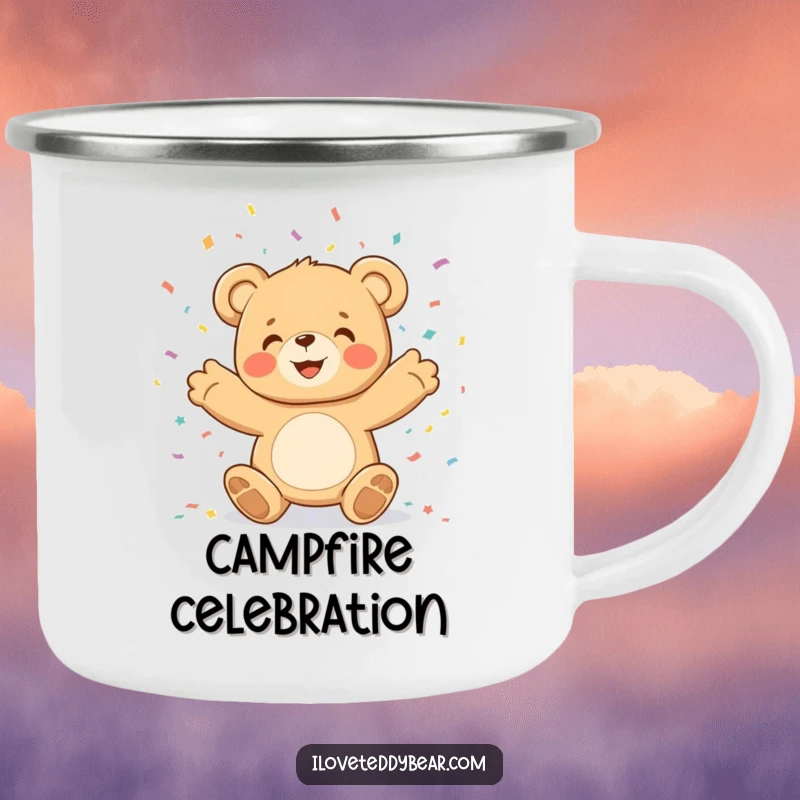 Funny teddy bear character joyfully throwing confetti, designed on a durable camping mug for outdoor celebrations.