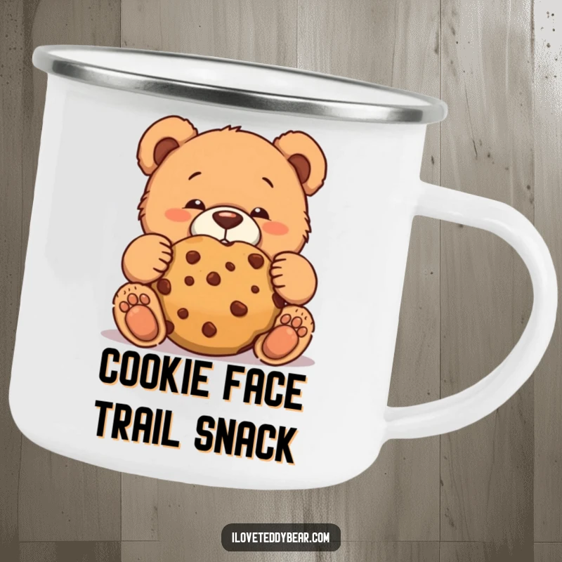 Funny teddy bear camping mug showing a bear making a funny face while trying to eat a giant cookie discreetly.