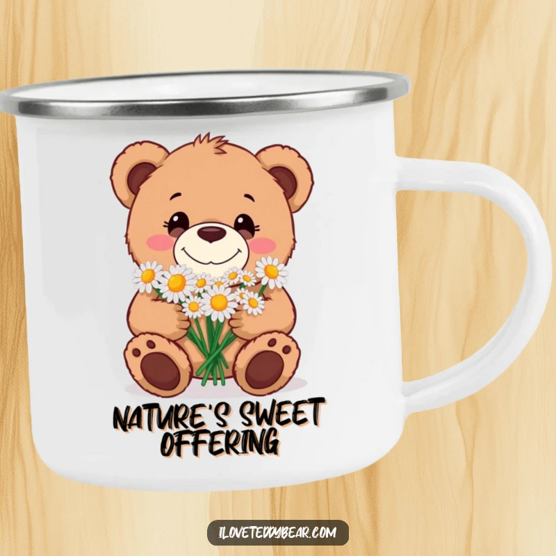 Funny Camping Mug showing a teddy bear with a goofy grin, offering a bouquet of daisies, perfect for adding a touch of cheer outdoors.