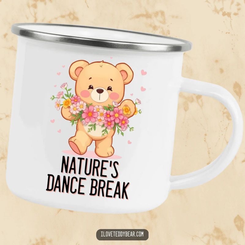 Funny Teddy Bear Camping Mug with a joyous bear dancing with a bouquet of flowers, durable for outdoor fun and cheer.