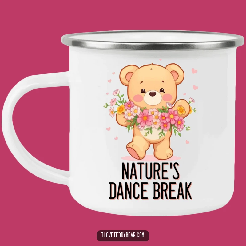 Funny Teddy Bear Dancing Flowers Enamel Camping Mug: Adventure in Bloom!