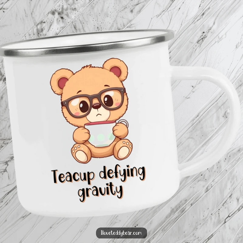 Funny camping mug with a teddy bear in oversized glasses, surprised by a floating teacup, adding whimsical charm to adventures.