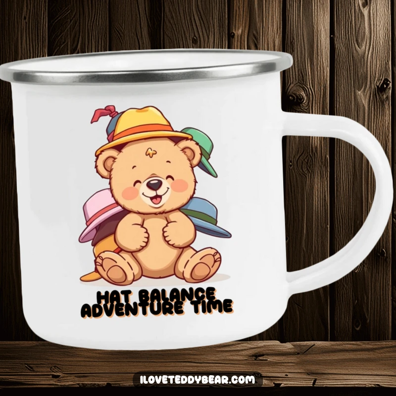 Funny teddy bear camping mug showing a bear giggling while balancing mismatched hats, ideal for outdoor humor.