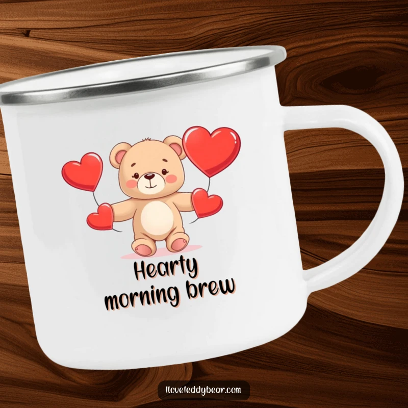 Funny Teddy Bear Camping Mug with a bear comically juggling three big red hearts, durable for outdoor fun and humor.