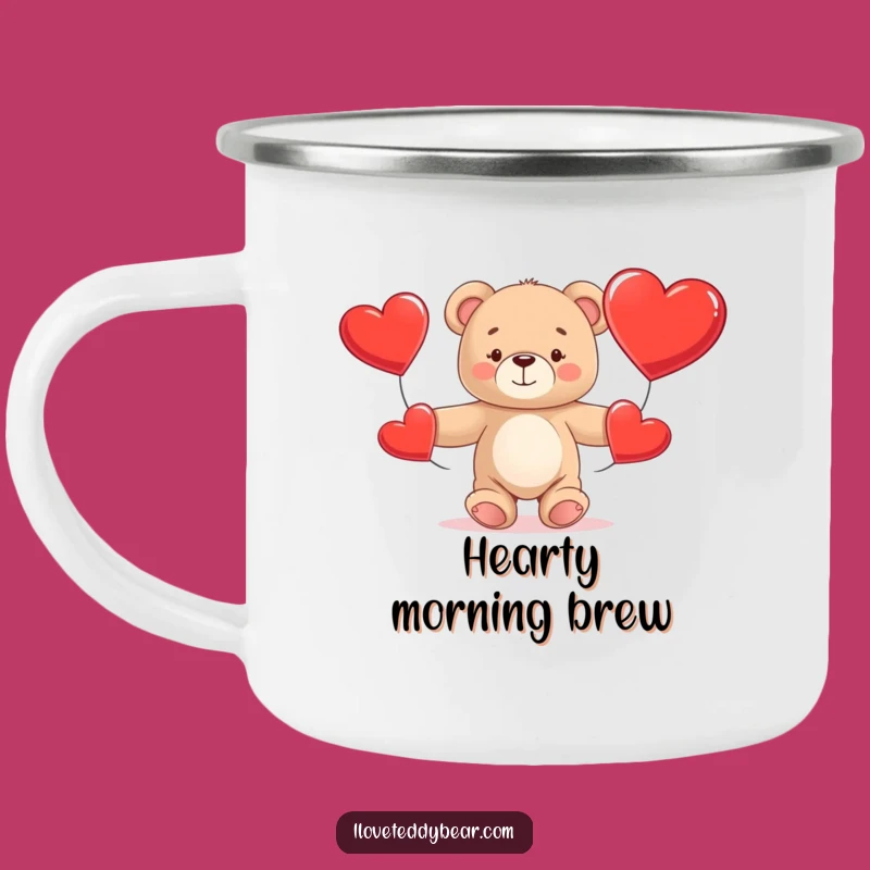Funny Teddy Bear Juggling Hearts Enamel Camping Mug: Adventure with a Smile!