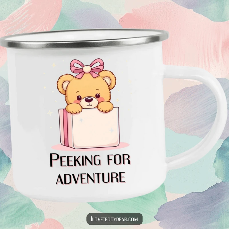 Funny camping mug with a teddy bear peeking from behind a sparkly present, bringing playful charm to outdoor adventures.