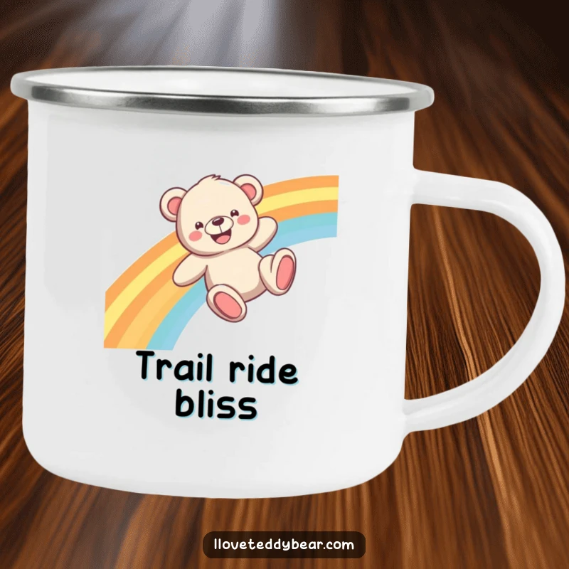 Funny Teddy Bear Camping Mug with a happy bear sliding down a bright rainbow, durable for outdoor fun and smiles.