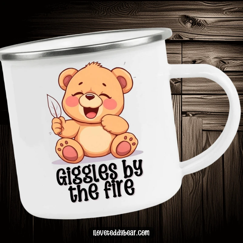 Funny Tickled Teddy Bear Camping Mug: A durable mug featuring a teddy bear giggling from a feather tickle, perfect for outdoor amusement, ideal funny gift.
