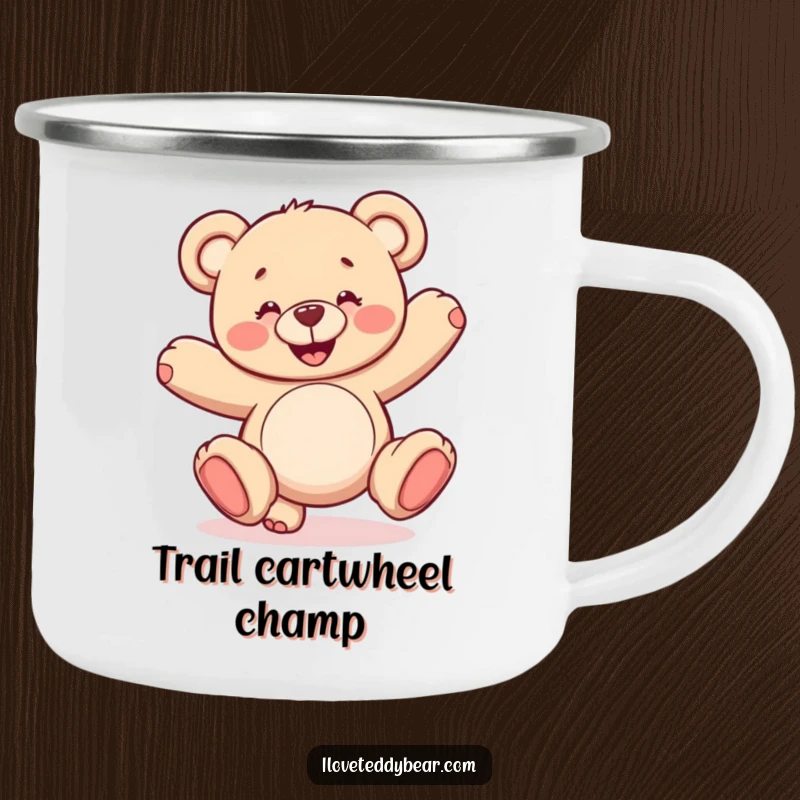 Funny camping mug illustrating a happy teddy bear doing a clumsy cartwheel. Great for hot drinks outdoors.