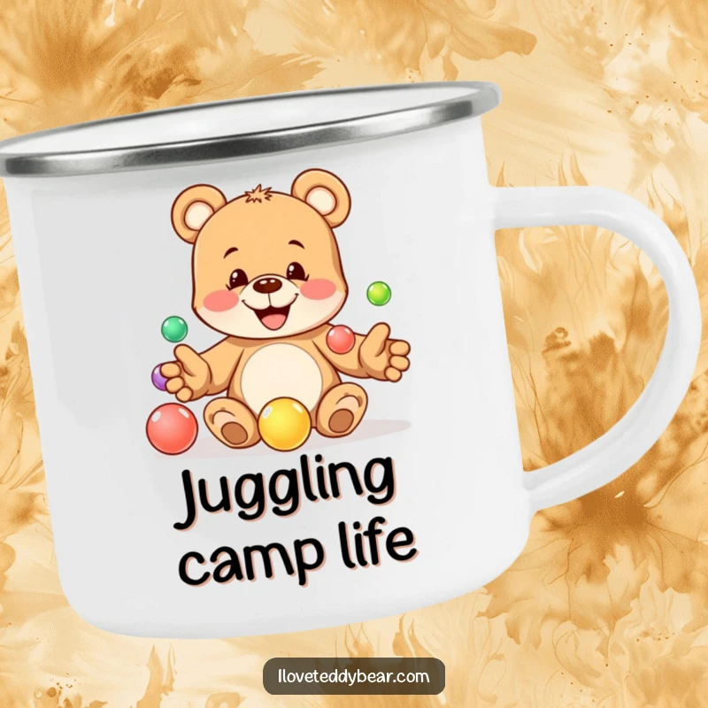 Funny camping mug with a playful teddy bear juggling marbles, ideal for outdoor fun and laughs. A wonderful funny gift.