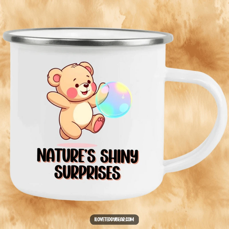 Funny Teddy Bear Camping Mug: Teddy bear joyfully leaps after an iridescent bubble, perfect for outdoor enthusiasts.