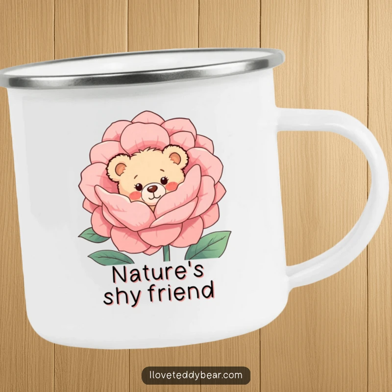 Funny Camping Mug: A shy teddy bear with rosy cheeks peeks from behind a large flower, perfect for sweet sips on outdoor adventures.