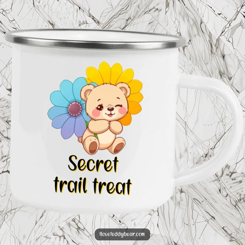 Funny camping mug featuring a teddy bear winking mischievously and hiding a flower, perfect for enjoying drinks outdoors with a bit of secret charm.