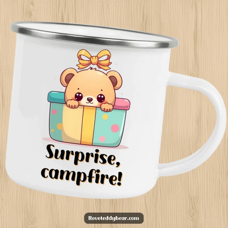 Funny, durable camping mug with a bear peeking with wide eyes from behind a giant, colorful gift box.