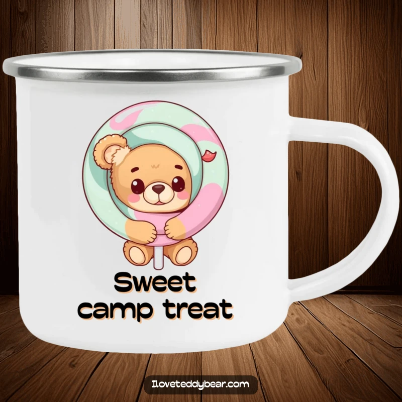 Funny Teddy Bear Camping Mug with a bear peeking from behind a giant lollipop, durable for outdoor fun and sweet charm.