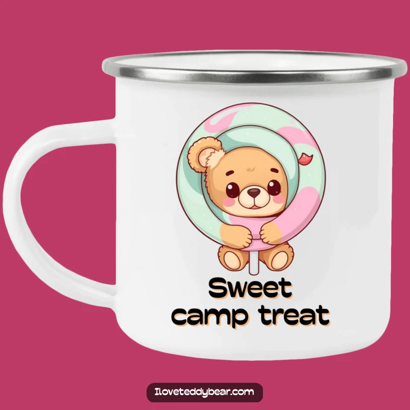 Funny Teddy Bear Lollipop Peek Enamel Camping Mug: Sweet Adventures!
