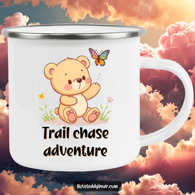 Funny camping mug featuring a teddy bear playfully chasing a bouncing butterfly, perfect for outdoor enjoyment.