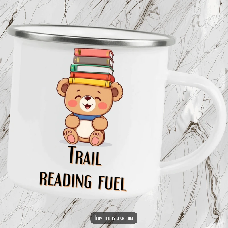 Funny Camping Mug: A giggling teddy bear balances colorful books on its head, ideal for literary enjoyment during outdoor excursions.
