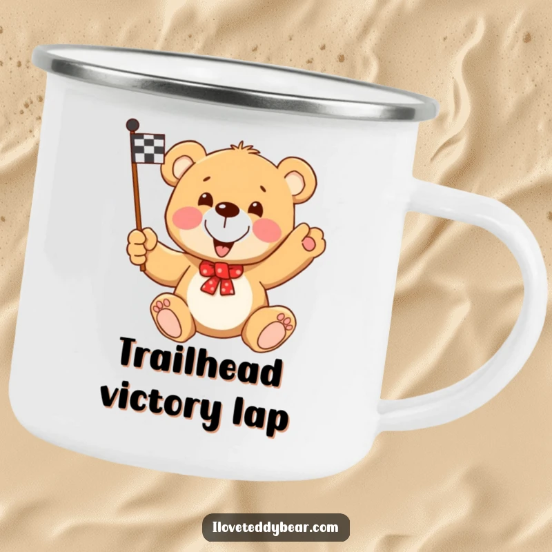 Funny Teddy Bear Racing Flag Camping Mug: Teddy bear waving a checkered flag, ready for adventure and victory.