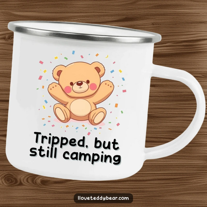 Funny camping mug with a teddy bear comically tripping and scattering confetti, adding playful charm to outdoor adventures.