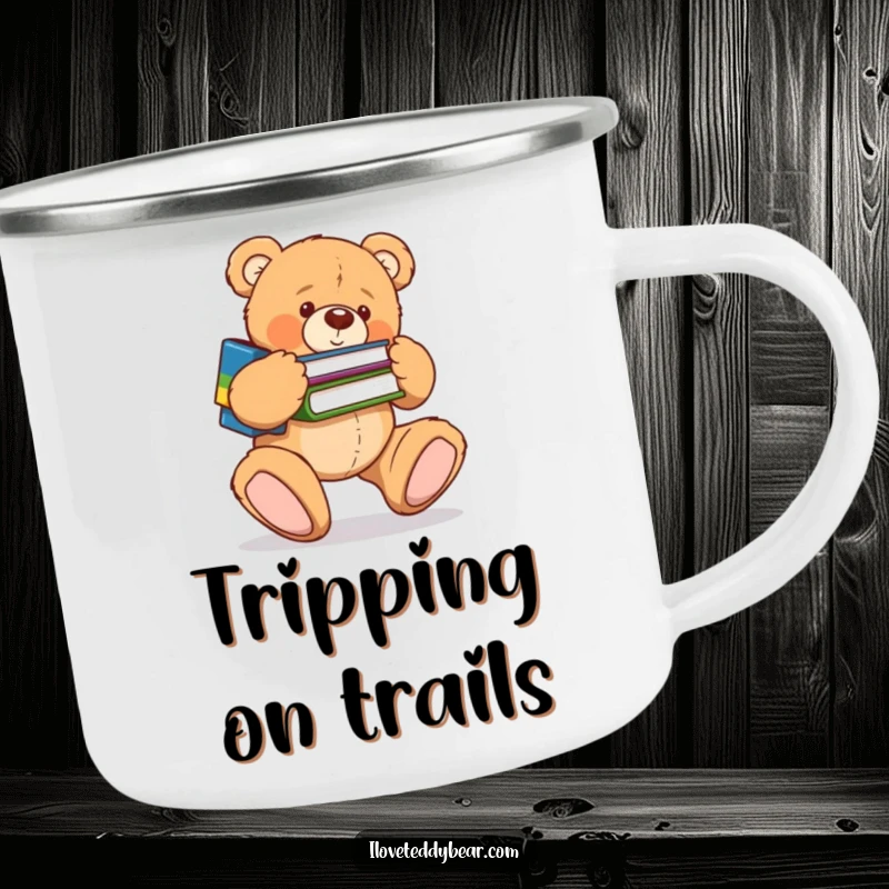 Funny camping mug with a clumsy teddy bear tripping over its feet while carrying books, ideal for outdoor laughs. A wonderful funny gift.