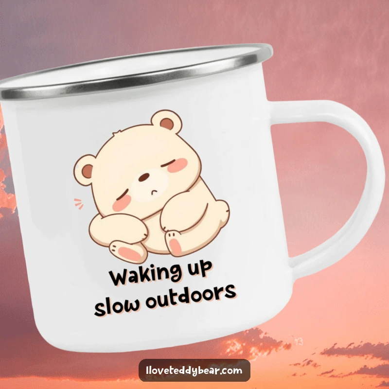 Funny sleepy bear camping mug, bear stretching lazily with a contented sigh, relaxing cartoon art, outdoor beverage ware.