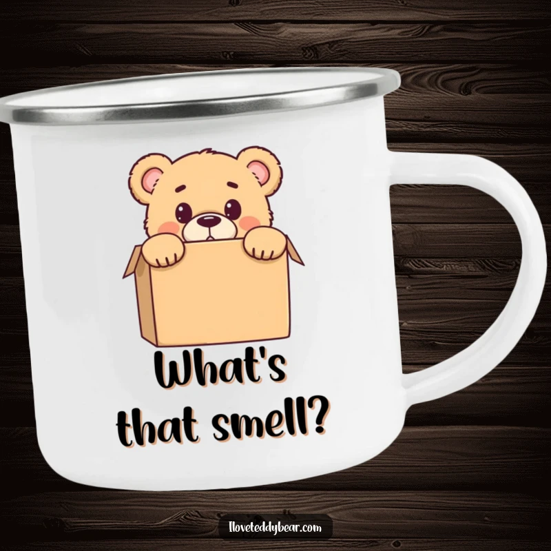Funny camping mug with a teddy bear peeking from behind a box, with a surprised expression, great for drinks on the go.