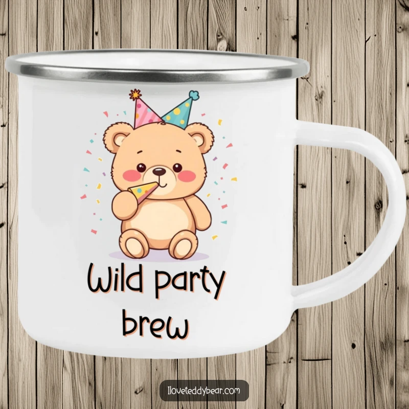 Funny Camping Mug: Plump teddy bear in a party hat blows a confetti horn, ready for outdoor celebrations and cheerful camping trips.