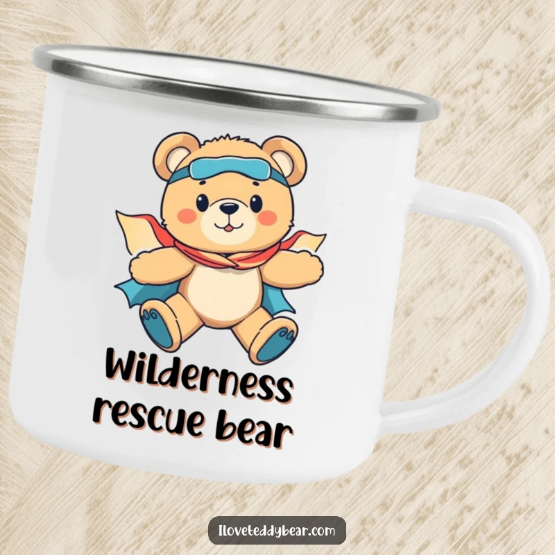 Funny camping mug with a brave teddy bear superhero flying majestically, perfect for enjoying hot beverages during daring outdoor missions.