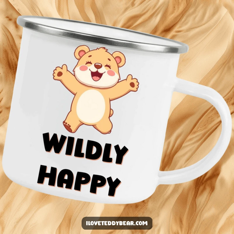 Funny camping mug featuring a fuzzy bear cub jumping with arms outstretched in pure glee, perfect for outdoor fun.