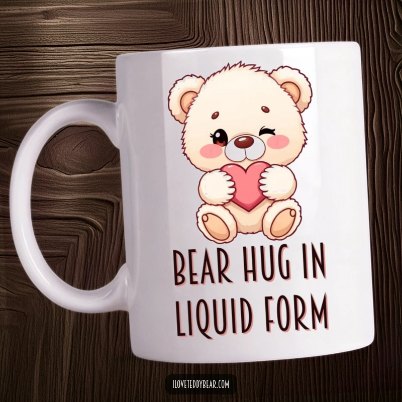 Funny mug with a fluffy teddy bear winking playfully and holding a red heart, conveying warmth and affection.