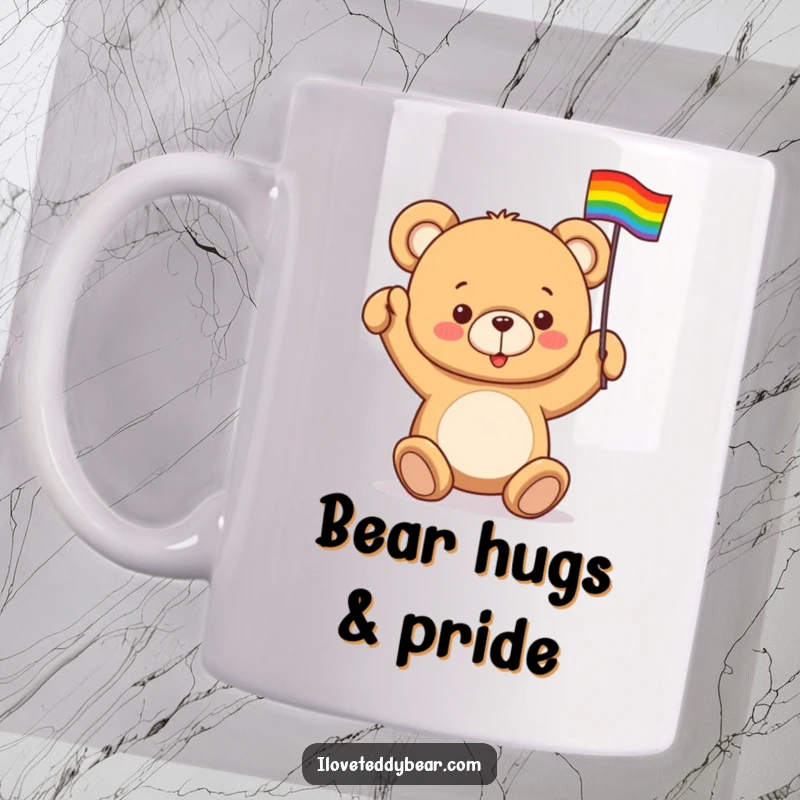 Funny mug featuring a teddy bear enthusiastically waving a tiny rainbow flag, symbolizing pride, love, and adorable humor.