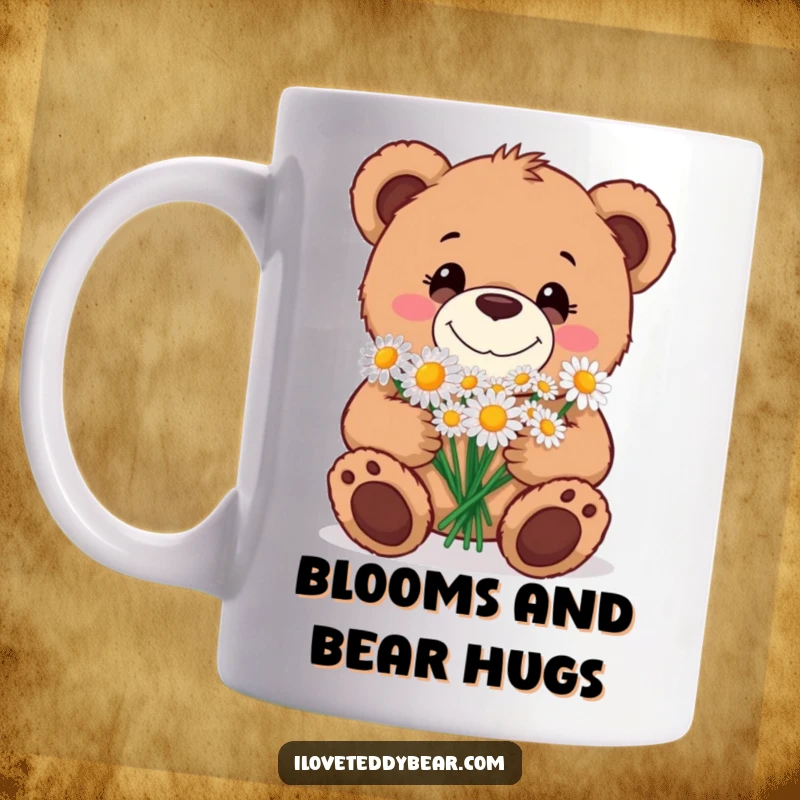 Funny Mug featuring a happy teddy bear with a goofy grin, presenting a lovely bouquet of white daisies, radiating warmth and kindness.