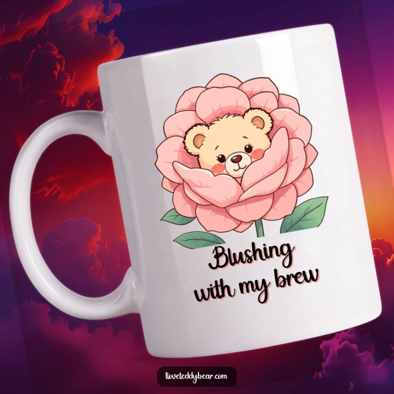 Funny Mug: A shy teddy bear with rosy cheeks peeks from behind a large blooming flower, conveying bashful charm and heartwarming sweetness.