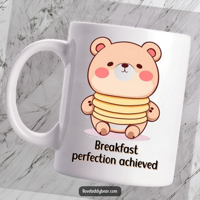 Funny pancake bear mug, round bear with rosy cheeks balancing a stack of pancakes, cute cartoon breakfast art.