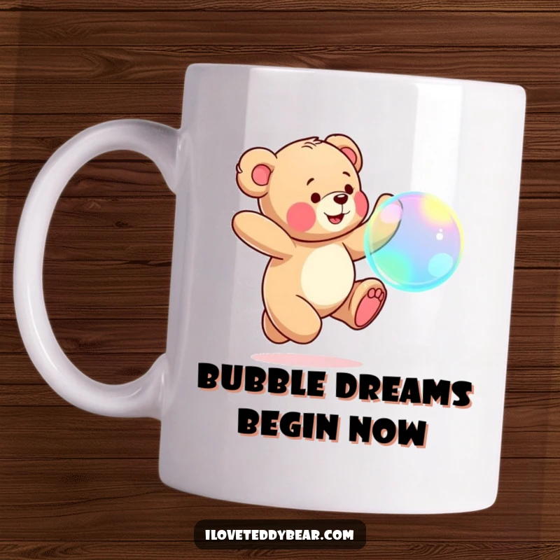 Funny Teddy Bear Mug: Joyful teddy bear mid-air, playfully chasing a large, iridescent bubble with a huge smile.