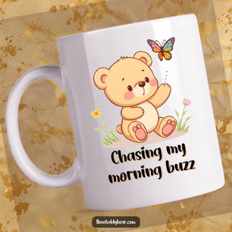 Funny mug showing an adorable teddy bear playfully chasing a bright, bouncing butterfly, capturing a moment of innocent fun.