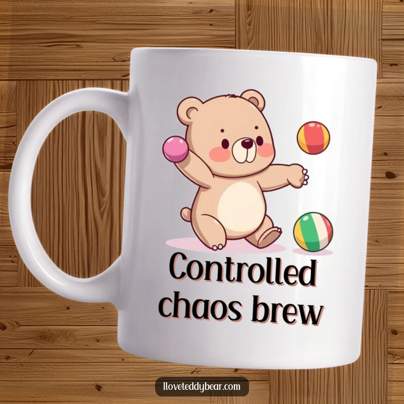 Funny mug featuring a bear clumsily attempting to juggle three colorful balls, one dropping, perfect for circus or juggling enthusiasts.